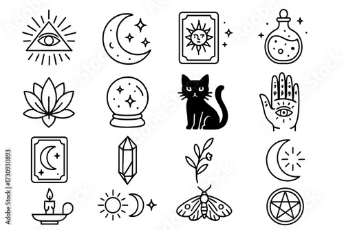 Collection of mystical symbols and icons showcasing astrology, fortune telling, and spirituality in black and white designs