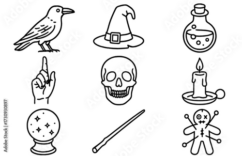 Symbols of magic and mystery featuring a raven, witch's hat, potion bottle, skull, candle, and more