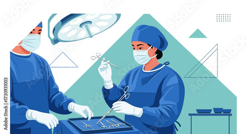 Illustration depicting surgeons in an operating room performing surgery with sterile equipment,