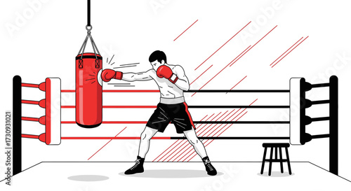 Illustration of a boxer training with a punching bag in a boxing ring environment