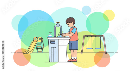 Illustration of a boy washing hands at an outdoor sink with playground equipment in the background