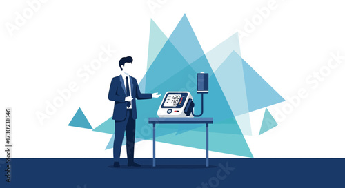 Illustration of a businessman presenting a blood pressure monitor device health presentation
