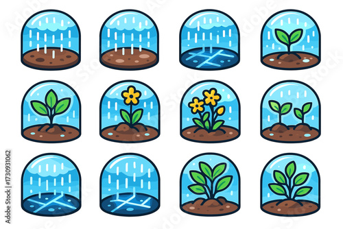 Illustrated plant growth stages in glass domes