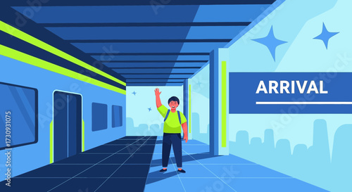 Illustration of a cheerful passenger arriving at the airport, waving with friendly gesture