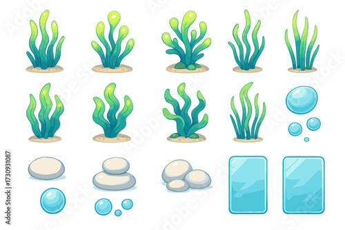 Colorful cartoon seaweed, bubbles, and stones for underwater illustrations
