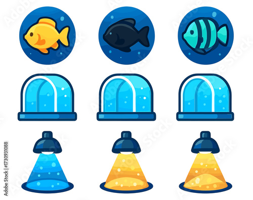Colorful aquarium elements: fish icons, domes, and lights collection