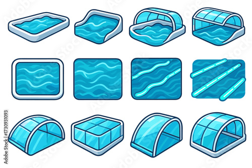 Set of cartoon swimming pools and protective covers
