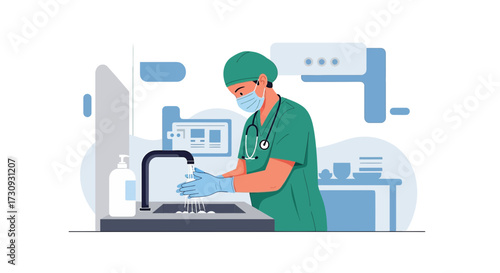 Illustration of a doctor washing hands to maintain hygiene in a medical setting