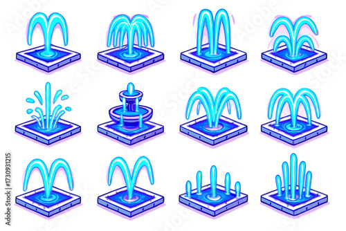 Variety of cartoon water fountain designs in blue and purple hues