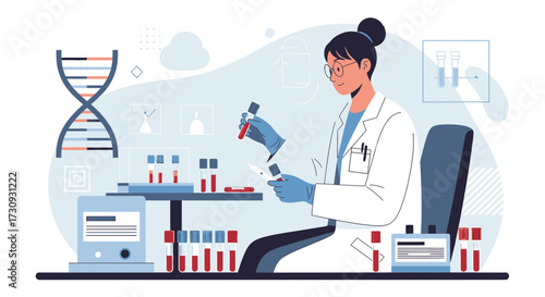 Illustration of a female scientist in a lab coat conducting research with blood samples