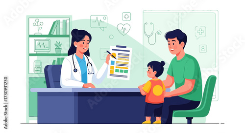 Illustration of a female pediatrician explaining medical results to a child and father in a clinic