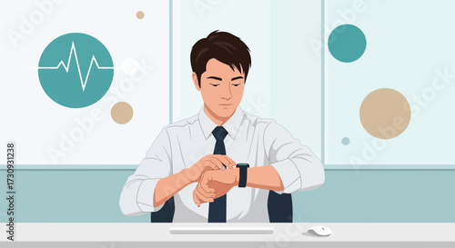 Illustration of a focused businessman checking his smartwatch in a modern office setting