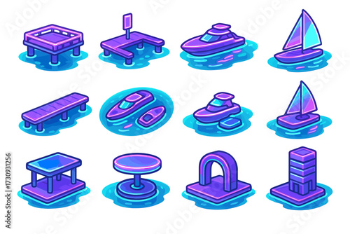 Colorful isometric marine icons: boats, piers, and marine structures collection