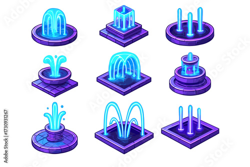 Set of nine blue and purple geometric water fountains