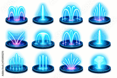 Collection of blue neon water fountains with different spray patterns