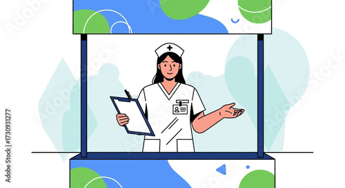 Illustration of a friendly nurse at a medical booth providing healthcare information and