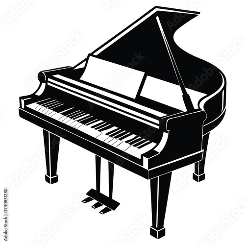 Stylish Black and White Grand Piano Illustration with Music Sheets and Pedals Detail