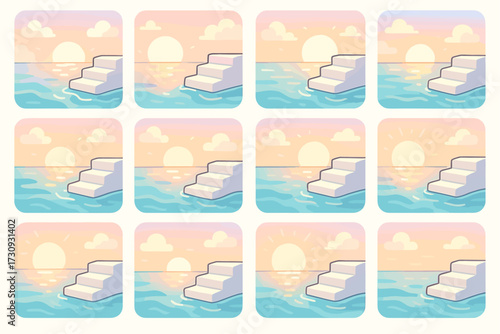 Peaceful sunset over ocean with steps leading to water
