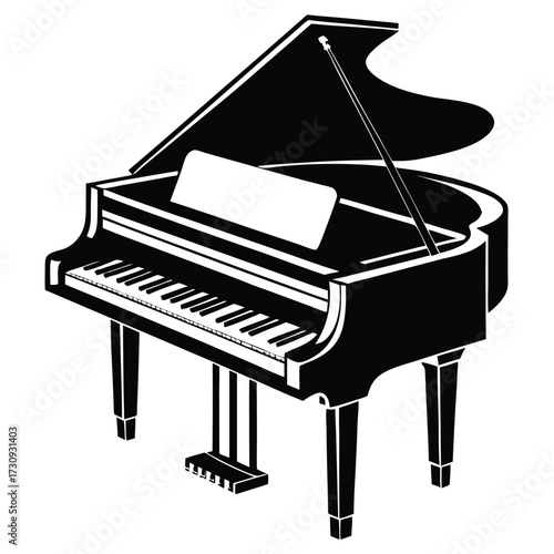 Graphic Black and White Illustration of a Grand Piano with Music Stand