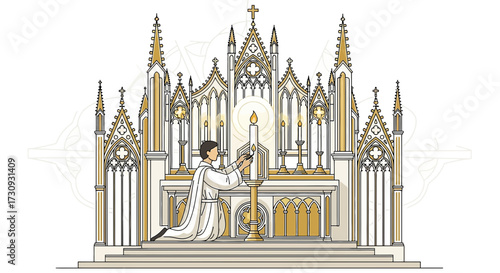 Illustration of a man lighting a candle in a ornate gothic church altar setting