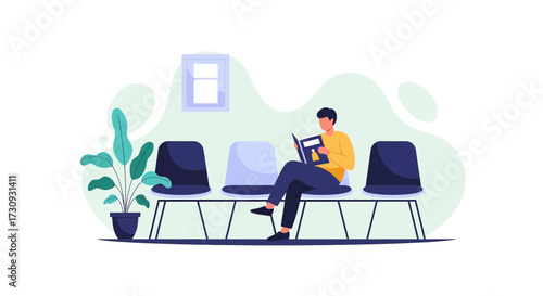 Illustration of a man reading a book in a waiting room with plant and window waiting patiently