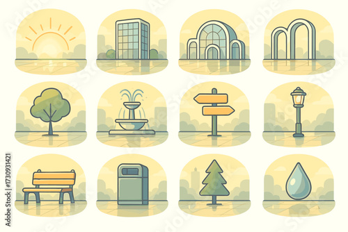 Urban icons: sunrise, architecture, nature, and city elements in soft pastels
