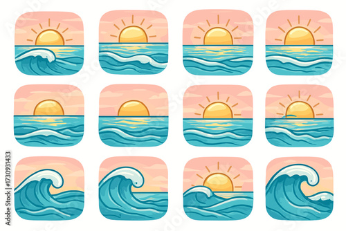 Sunset and ocean waves icons set with golden horizon and vibrant blue seas