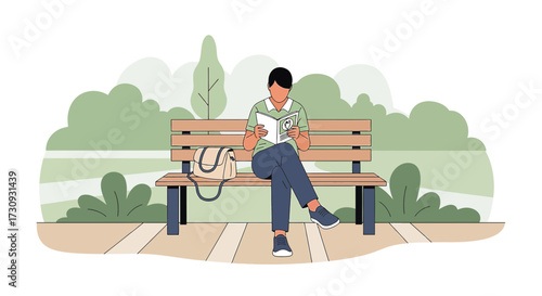 Illustration of a man reading a book on a park bench enjoying leisure time outdoors calmly and