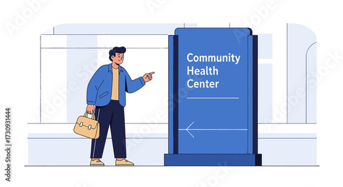 Illustration of a man pointing at a community health center sign with carrying bag