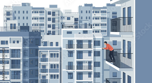 Illustration of a man on a balcony in an urban setting showcasing residential buildings and