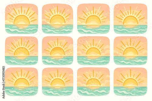 Twelve sunsets over ocean: vibrant coastal sunrise icons with pink and turquoise
