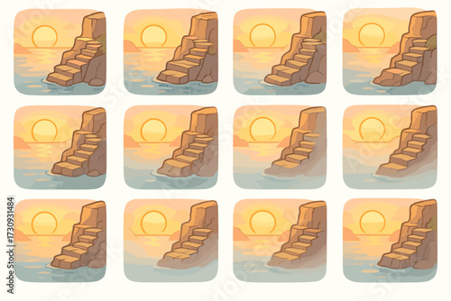 Sunset over rocky sea steps: a serene transition from day to night