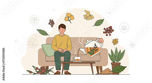 Illustration of a man relaxing with herbal tea in a calming and therapeutic setting scene