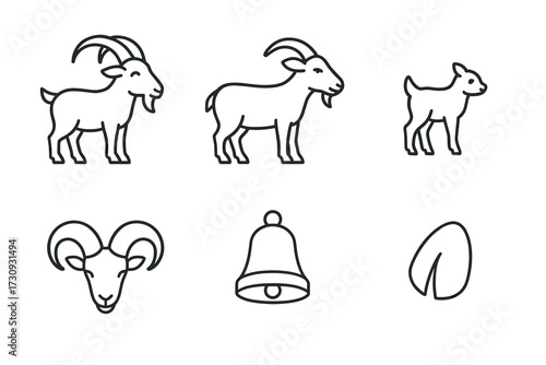 Collection of goat and animal icons: goat, kid, ram, bell, hoof