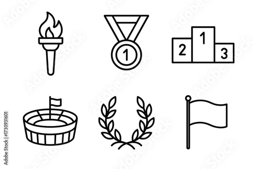 Olympic symbols: torch, medal, podium, stadium, laurel wreath, flag icons