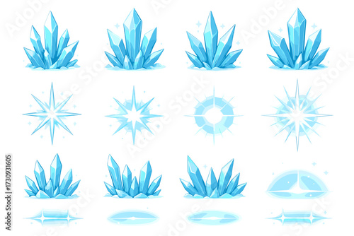 Blue crystal variations and sparkling starbursts on white background