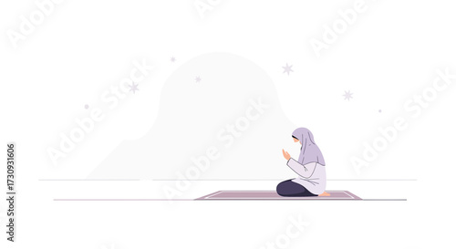 Illustration of a muslim woman praying peacefully in a serene and minimalist design with soft