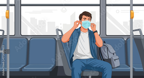 Illustration of a man wearing a protective mask while riding public transport during a pandemic