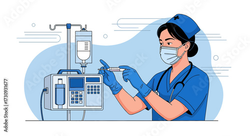 Illustration of a nurse preparing an injection with iv drip medical equipment background
