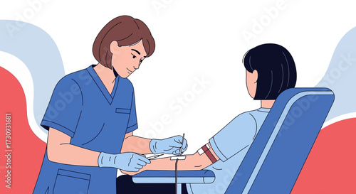 Illustration of a nurse taking blood sample from a patient in a clinic setting or blood donation