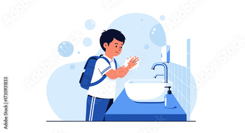 Illustration of a Schoolboy Washing Hands with Soap for Hygiene and Safety