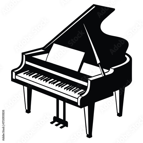 Elegant Black and White Grand Piano Illustration with Sheet Music and Open Lid Design