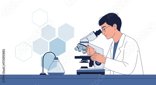 Illustration of a scientist using a microscope in a laboratory setting for research and analysis