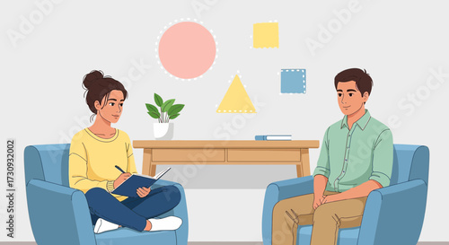 Illustration of a therapy session with a woman psychologist and a male patient in a bright