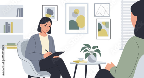 Illustration of a therapist listening to a patient in a therapy session appointment setting