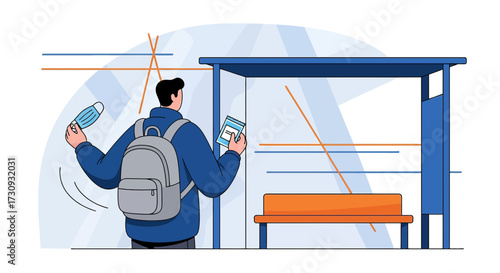 Illustration of a traveler waiting at the bus stop holding face mask and ticket during pandemic