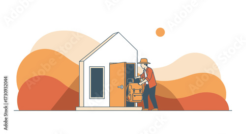 Illustration of a Traveler with a Backpack Arriving at a Minimalist House for Holiday