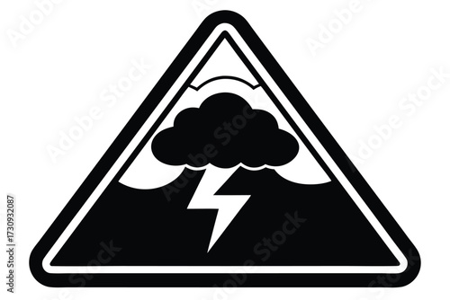 Black triangular warning sign featuring lightning striking beneath a cloud illustration image