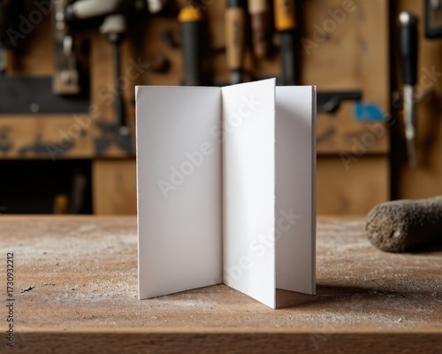 Bifold brochure mockup, open, on a well-used carpenter's workbench among sawdust, perfect template for woodworking, tools, and workshop presentations.