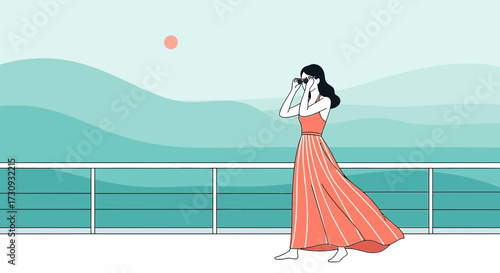 Illustration of a woman with binoculars enjoying the scenic view from a cruise ship